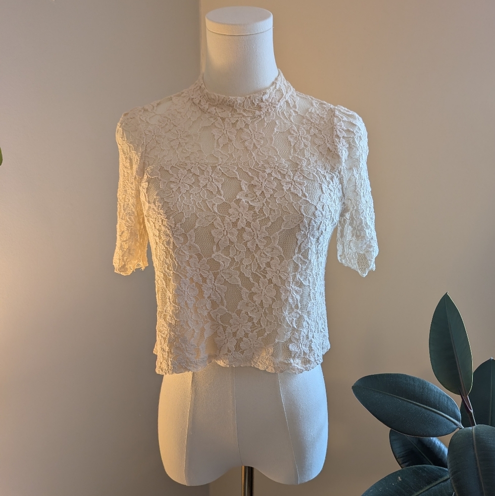 Romantic Cream Lace High Neck Crop Top